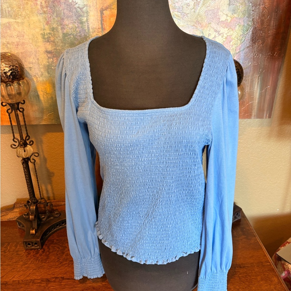 Lauren Ralph Lauren Blue Smocked Square Neck Top (XL)